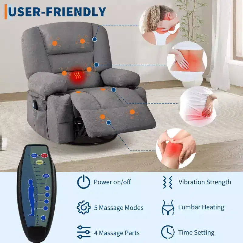 Fauteuil inclinable pivotant à 360° avec chauffage et massage, fauteuil inclinable pour adultes, fauteuil simple à 3 positions avec 2 poches, 2 porte-gobelets et 1 rangement