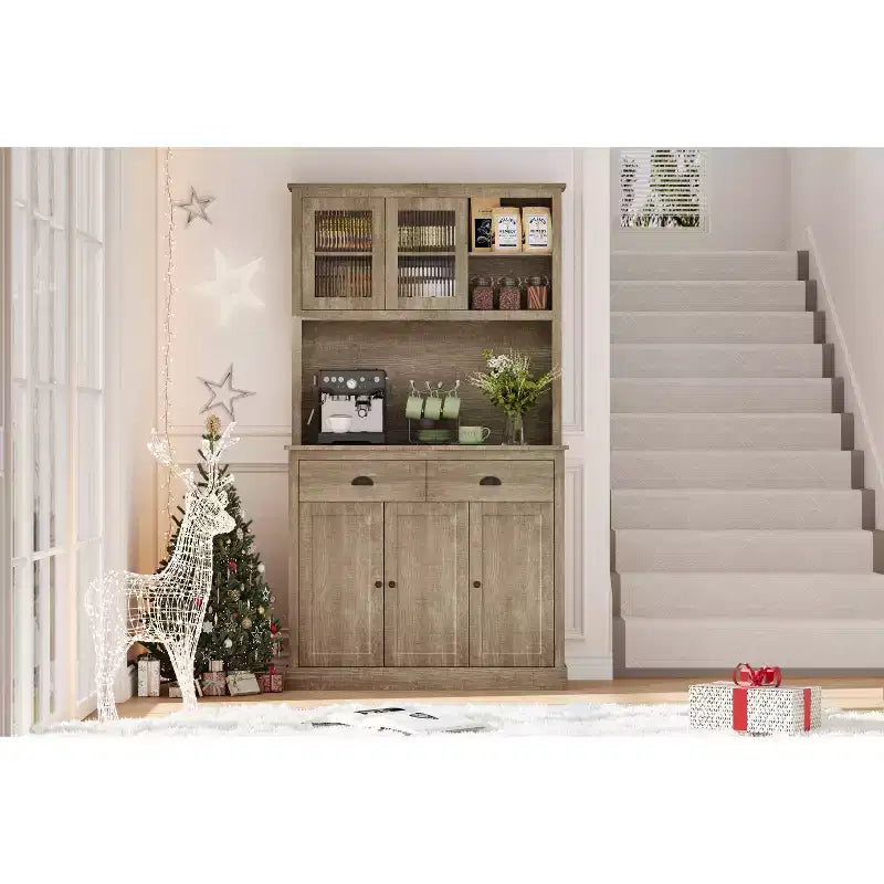 COZONY Tall Kitchen Pantry Cabinet with Doors & Drawer, Farmhouse Hutch with Microwave Stand