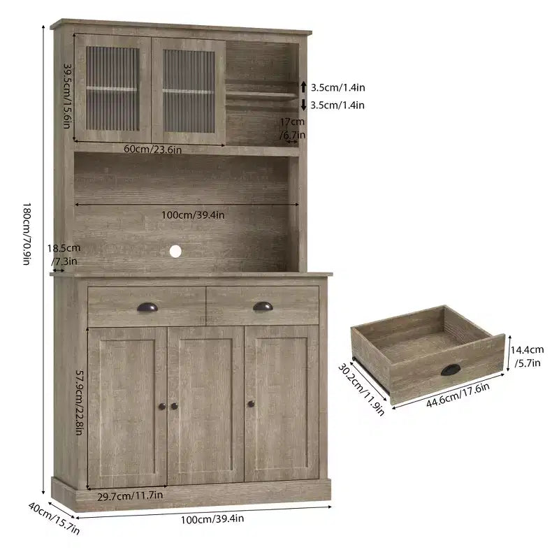 COZONY Meuble de Cuisine Haut avec Portes et Tiroir, Buffet de Ferme avec Support Micro-ondes
