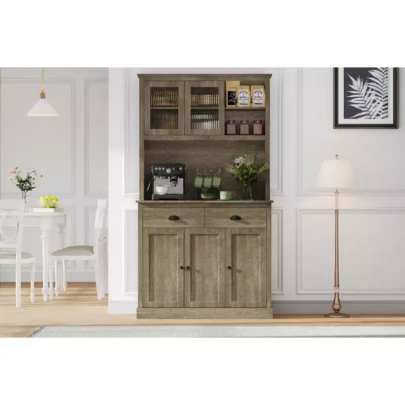 COZONY Meuble de Cuisine Haut avec Portes et Tiroir, Buffet de Ferme avec Support Micro-ondes