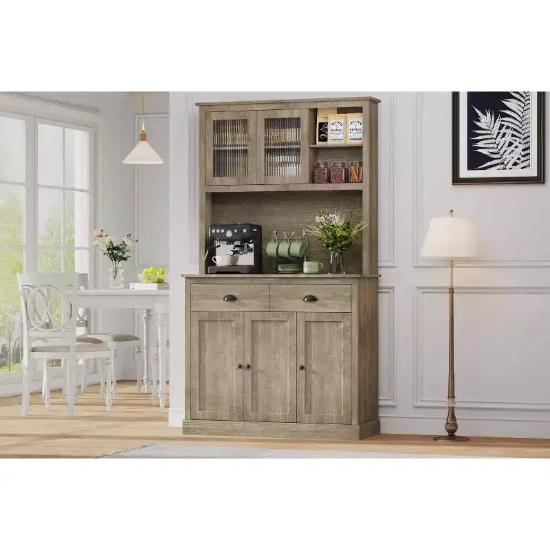 COZONY Meuble de Cuisine Haut avec Portes et Tiroir, Buffet de Ferme avec Support Micro-ondes