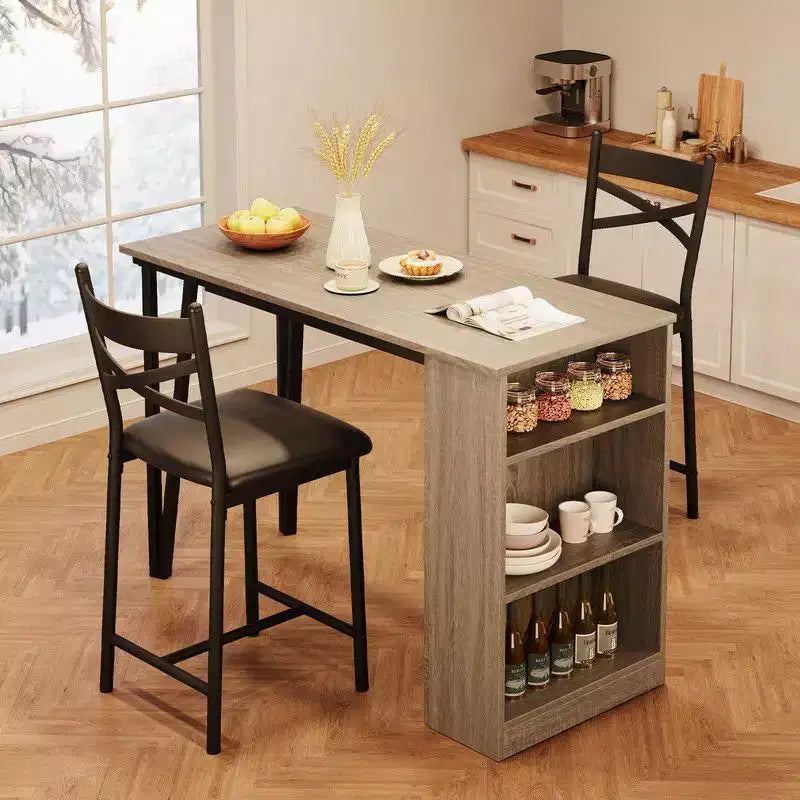 Ensemble Table et Chaises de Bar Coolmee, Ensemble Table de Bar 3 Pièces avec Rallonge Rabattable et Étagères de Rangement, Ensemble Table à Manger pour 2 Personnes