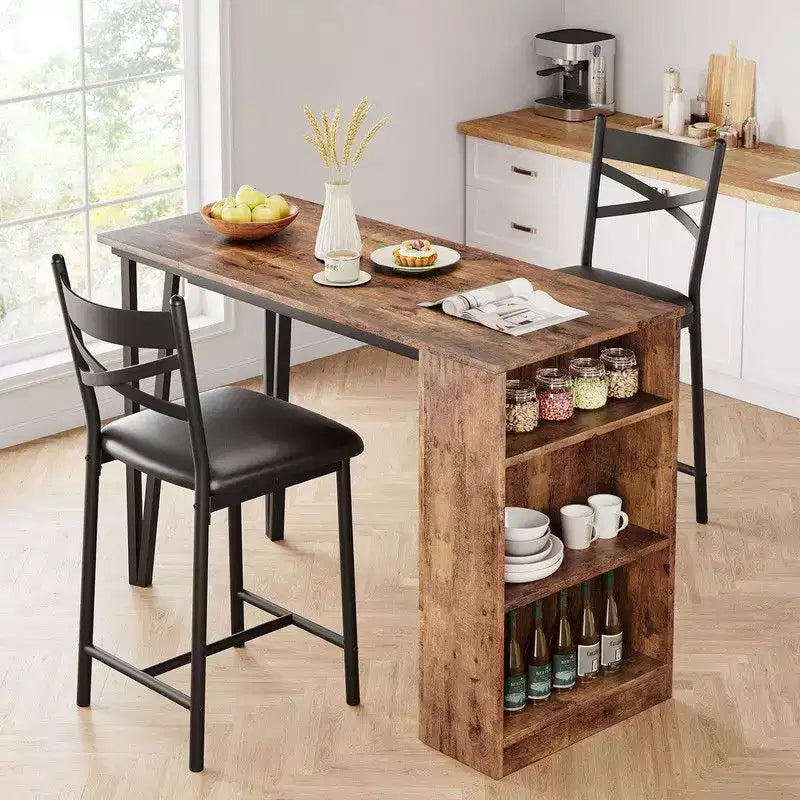 Ensemble Table et Chaises de Bar Coolmee, Ensemble Table de Bar 3 Pièces avec Rallonge Rabattable et Étagères de Rangement, Ensemble Table à Manger pour 2 Personnes