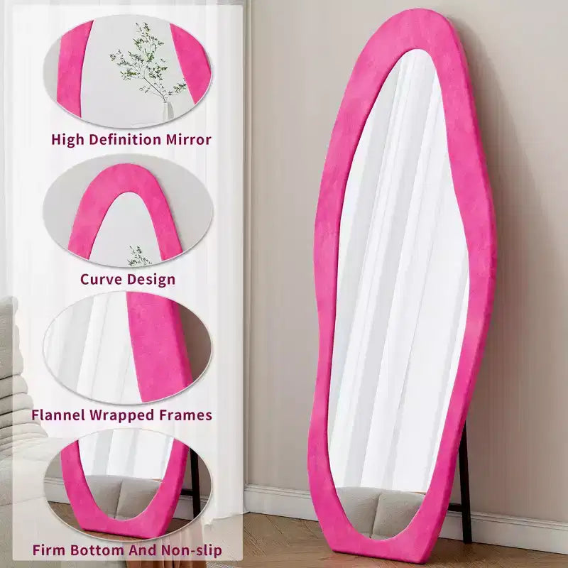 Okak Miroir corporel irrégulier en flanelle ondulée 63 x 24 pouces, miroir pleine longueur à cadre en bois avec support, miroir mural pour dressing, salon