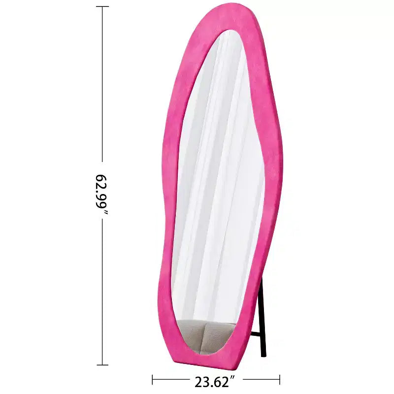 Okak Miroir corporel irrégulier en flanelle ondulée 63 x 24 pouces, miroir pleine longueur à cadre en bois avec support, miroir mural pour dressing, salon