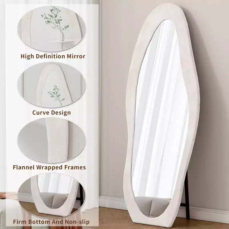 Okak Miroir corporel irrégulier en flanelle ondulée 63 x 24 pouces, miroir pleine longueur à cadre en bois avec support, miroir mural pour dressing, salon