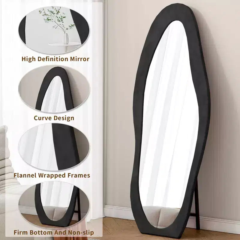 Okak Miroir corporel irrégulier en flanelle ondulée 63 x 24 pouces, miroir pleine longueur à cadre en bois avec support, miroir mural pour dressing, salon