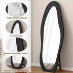 Okak Miroir corporel irrégulier en flanelle ondulée 63 x 24 pouces, miroir pleine longueur à cadre en bois avec support, miroir mural pour dressing, salon