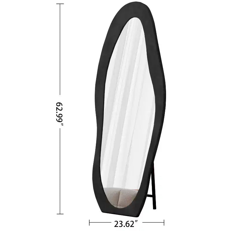 Okak Miroir corporel irrégulier en flanelle ondulée 63 x 24 pouces, miroir pleine longueur à cadre en bois avec support, miroir mural pour dressing, salon