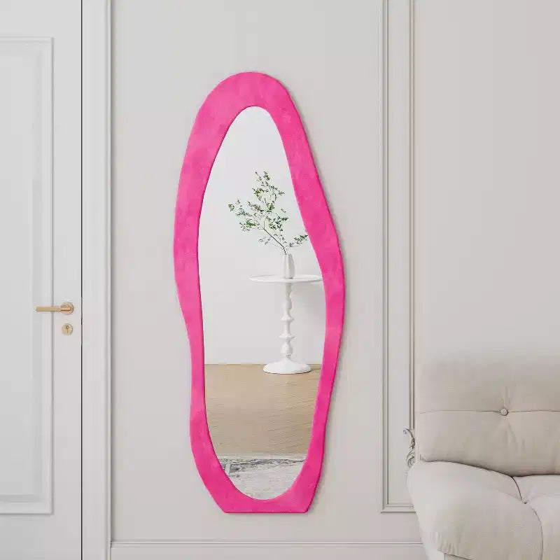 Okak 63*24in Irregular Wavy Flannel Body Mirror, Wooden Frame Full Length Mirror with Stand, Wall Mirror for Dressing Room, Living Room