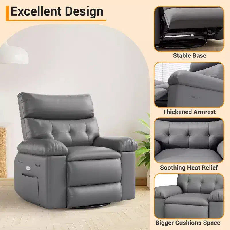 Fauteuil inclinable releveur, inclinable pivotant à 360° en cuir PU avec massage et chauffage, siège de canapé à bascule pour salon, chambre à coucher