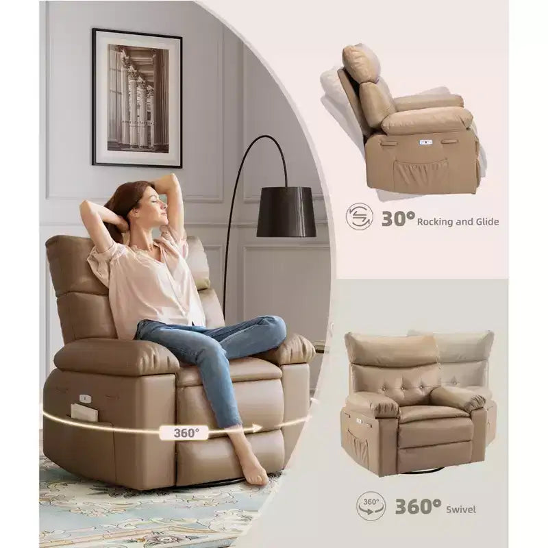 Fauteuil inclinable releveur, inclinable pivotant à 360° en cuir PU avec massage et chauffage, siège de canapé à bascule pour salon, chambre à coucher