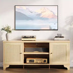 Meuble TV Coolmee en rotin pour salon, meuble de divertissement bohème pour téléviseur de 55, 65, 70 pouces, console en bois avec rangement et étagère