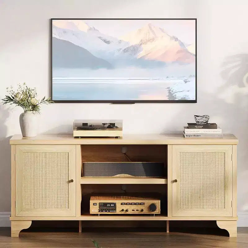 Meuble TV Coolmee en rotin pour salon, meuble de divertissement bohème pour téléviseur de 55, 65, 70 pouces, console en bois avec rangement et étagère