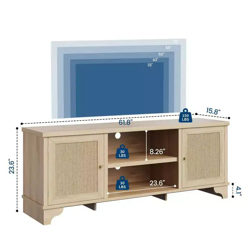 Meuble TV Coolmee en rotin pour salon, meuble de divertissement bohème pour téléviseur de 55, 65, 70 pouces, console en bois avec rangement et étagère