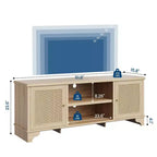 Meuble TV Coolmee en rotin pour salon, meuble de divertissement bohème pour téléviseur de 55, 65, 70 pouces, console en bois avec rangement et étagère