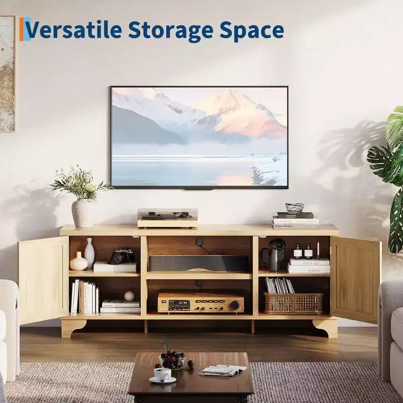 Meuble TV Coolmee en rotin pour salon, meuble de divertissement bohème pour téléviseur de 55, 65, 70 pouces, console en bois avec rangement et étagère