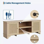Meuble TV Coolmee en rotin pour salon, meuble de divertissement bohème pour téléviseur de 55, 65, 70 pouces, console en bois avec rangement et étagère