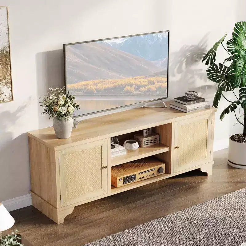 Meuble TV Coolmee en rotin pour salon, meuble de divertissement bohème pour téléviseur de 55, 65, 70 pouces, console en bois avec rangement et étagère