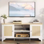 Meuble TV Coolmee en rotin pour salon, meuble de divertissement bohème pour téléviseur de 55, 65, 70 pouces, console en bois avec rangement et étagère