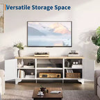 Meuble TV Coolmee en rotin pour salon, meuble de divertissement bohème pour téléviseur de 55, 65, 70 pouces, console en bois avec rangement et étagère