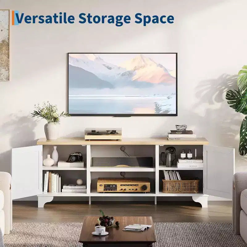 Meuble TV Coolmee en rotin pour salon, meuble de divertissement bohème pour téléviseur de 55, 65, 70 pouces, console en bois avec rangement et étagère