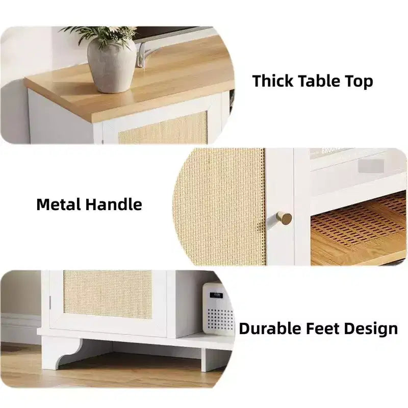 Meuble TV Coolmee en rotin pour salon, meuble de divertissement bohème pour téléviseur de 55, 65, 70 pouces, console en bois avec rangement et étagère
