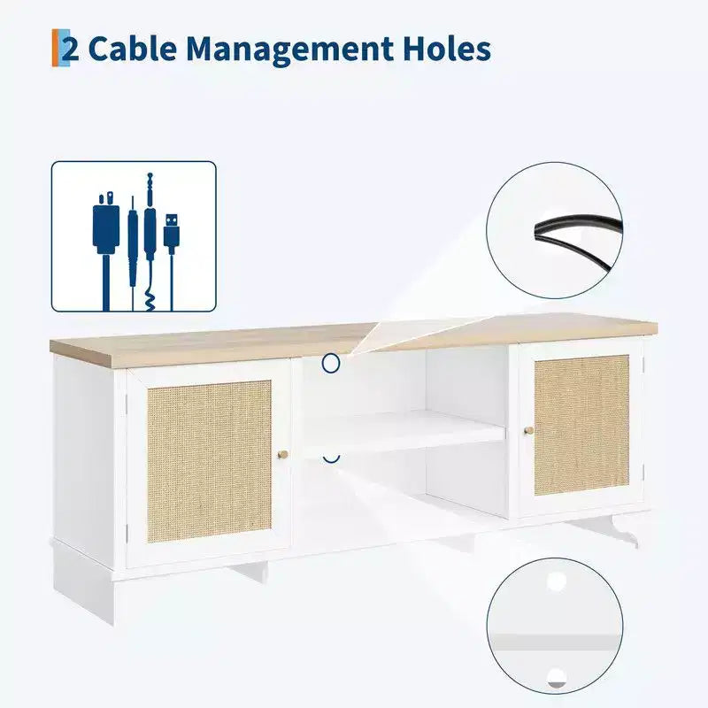 Meuble TV Coolmee en rotin pour salon, meuble de divertissement bohème pour téléviseur de 55, 65, 70 pouces, console en bois avec rangement et étagère