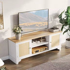 Meuble TV Coolmee en rotin pour salon, meuble de divertissement bohème pour téléviseur de 55, 65, 70 pouces, console en bois avec rangement et étagère