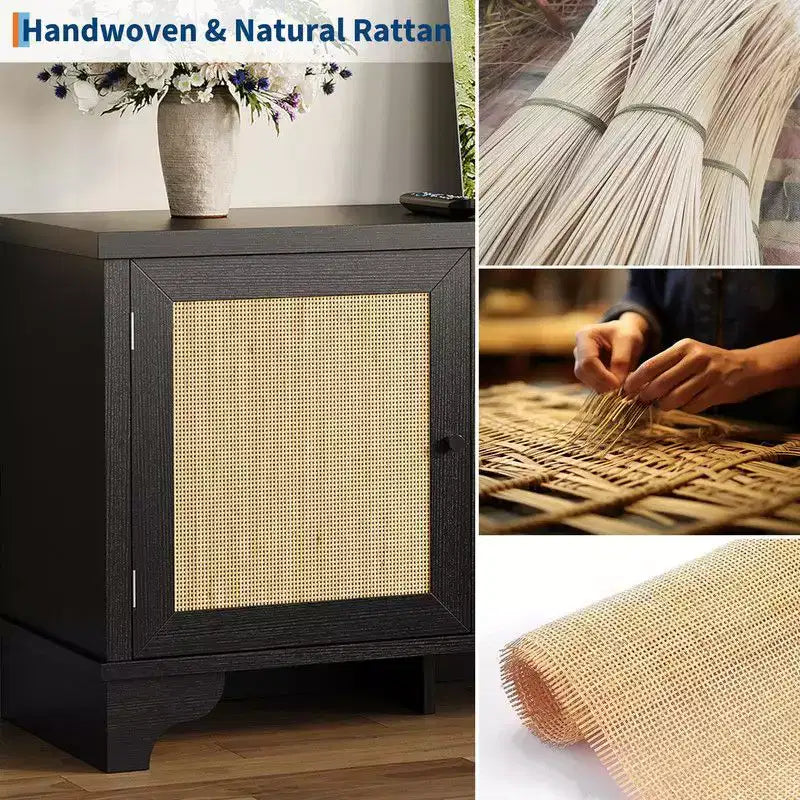 Meuble TV Coolmee en rotin pour salon, meuble de divertissement bohème pour téléviseur de 55, 65, 70 pouces, console en bois avec rangement et étagère