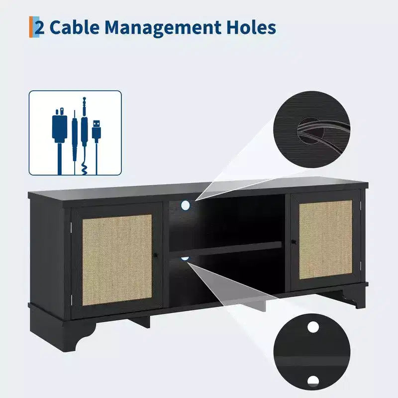 Meuble TV Coolmee en rotin pour salon, meuble de divertissement bohème pour téléviseur de 55, 65, 70 pouces, console en bois avec rangement et étagère