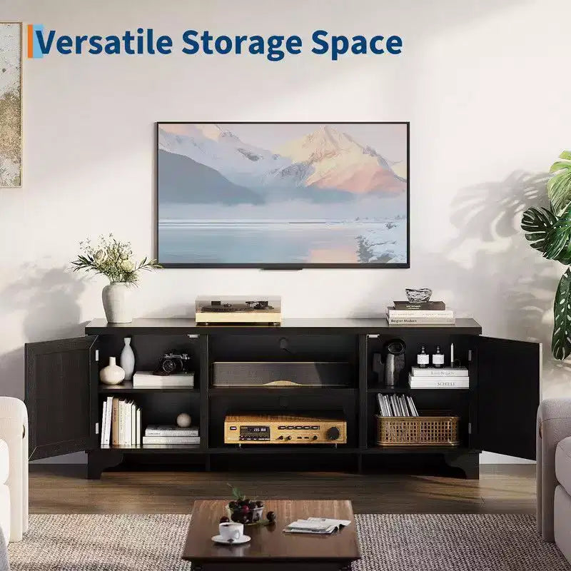Meuble TV Coolmee en rotin pour salon, meuble de divertissement bohème pour téléviseur de 55, 65, 70 pouces, console en bois avec rangement et étagère