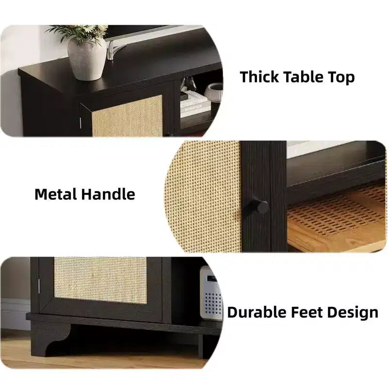 Meuble TV Coolmee en rotin pour salon, meuble de divertissement bohème pour téléviseur de 55, 65, 70 pouces, console en bois avec rangement et étagère