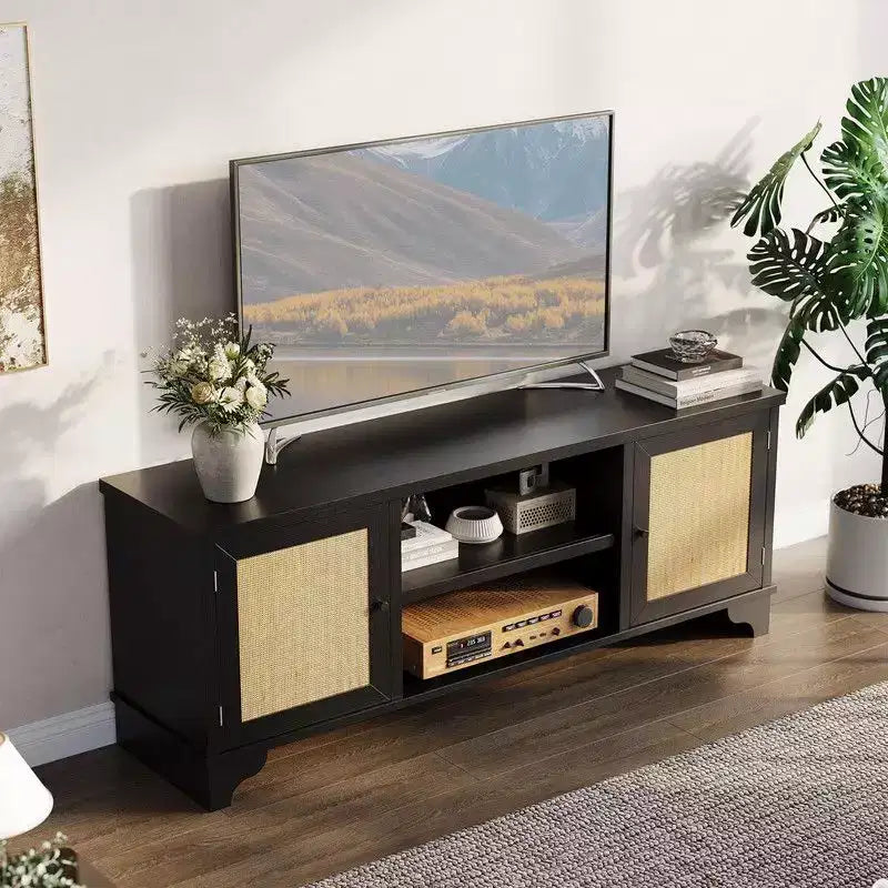 Meuble TV Coolmee en rotin pour salon, meuble de divertissement bohème pour téléviseur de 55, 65, 70 pouces, console en bois avec rangement et étagère