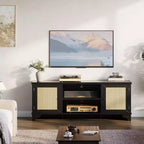 Meuble TV Coolmee en rotin pour salon, meuble de divertissement bohème pour téléviseur de 55, 65, 70 pouces, console en bois avec rangement et étagère