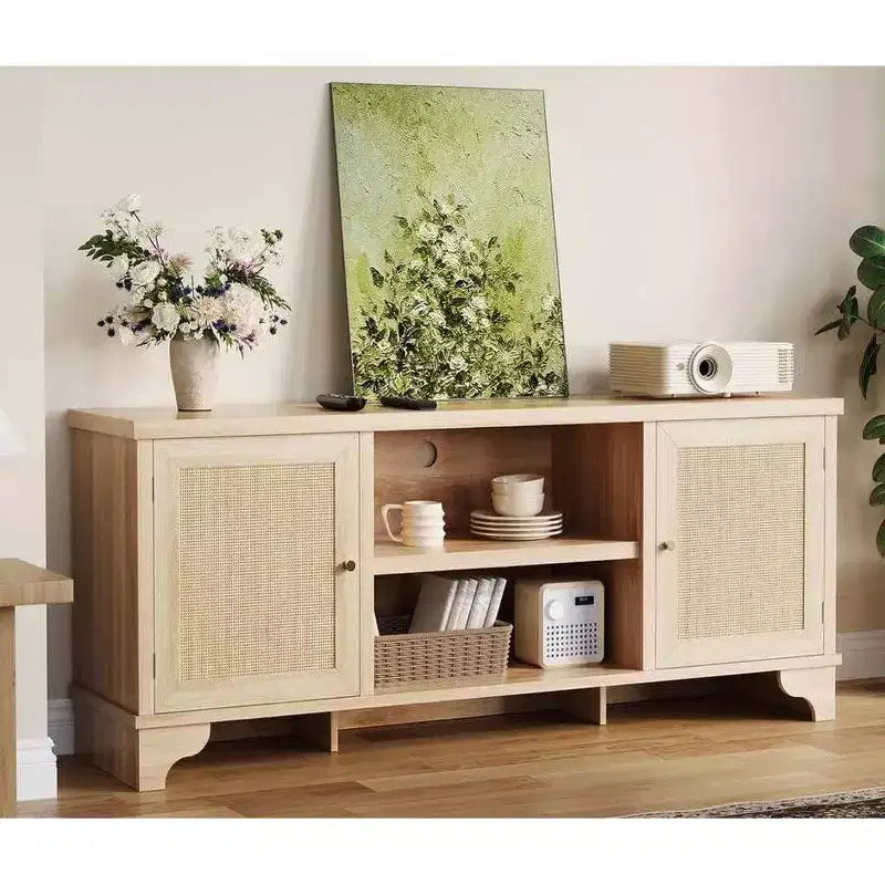 Meuble TV Coolmee en rotin pour salon, meuble de divertissement bohème pour téléviseur de 55, 65, 70 pouces, console en bois avec rangement et étagère