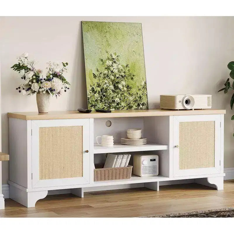 Meuble TV Coolmee en rotin pour salon, meuble de divertissement bohème pour téléviseur de 55, 65, 70 pouces, console en bois avec rangement et étagère