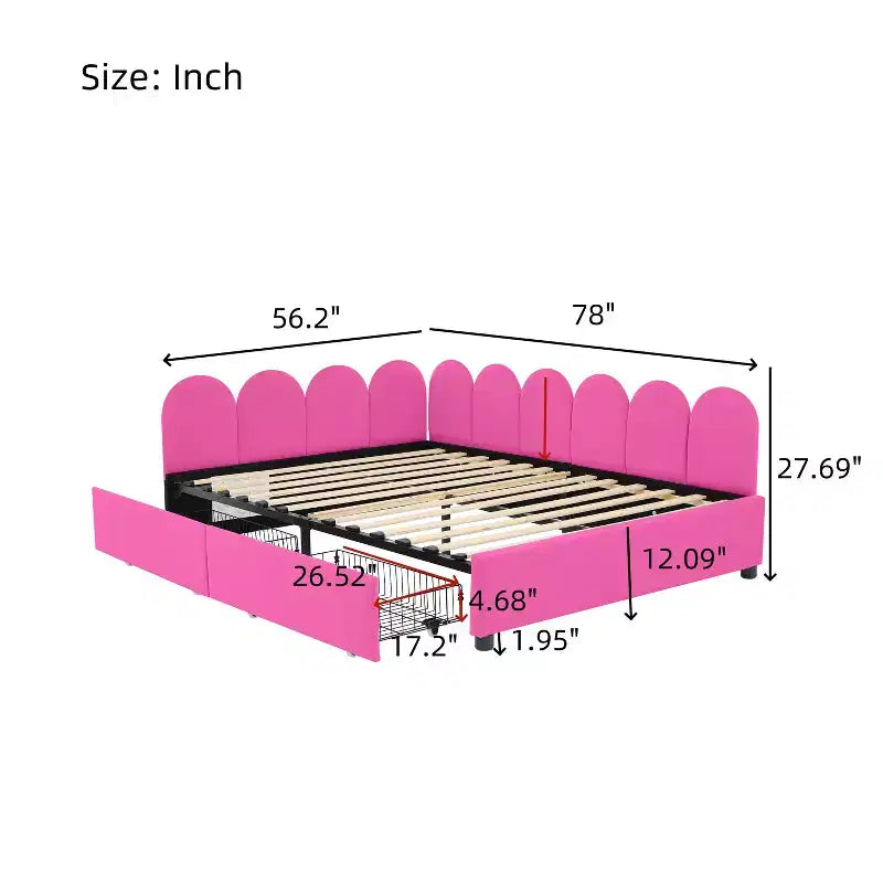 Bellemave Lit de repos double capitonné avec 2 tiroirs de rangement, lit de repos en velours en forme de L, lit de repos capitonné pour chambre à coucher ou salon, rouge rosé