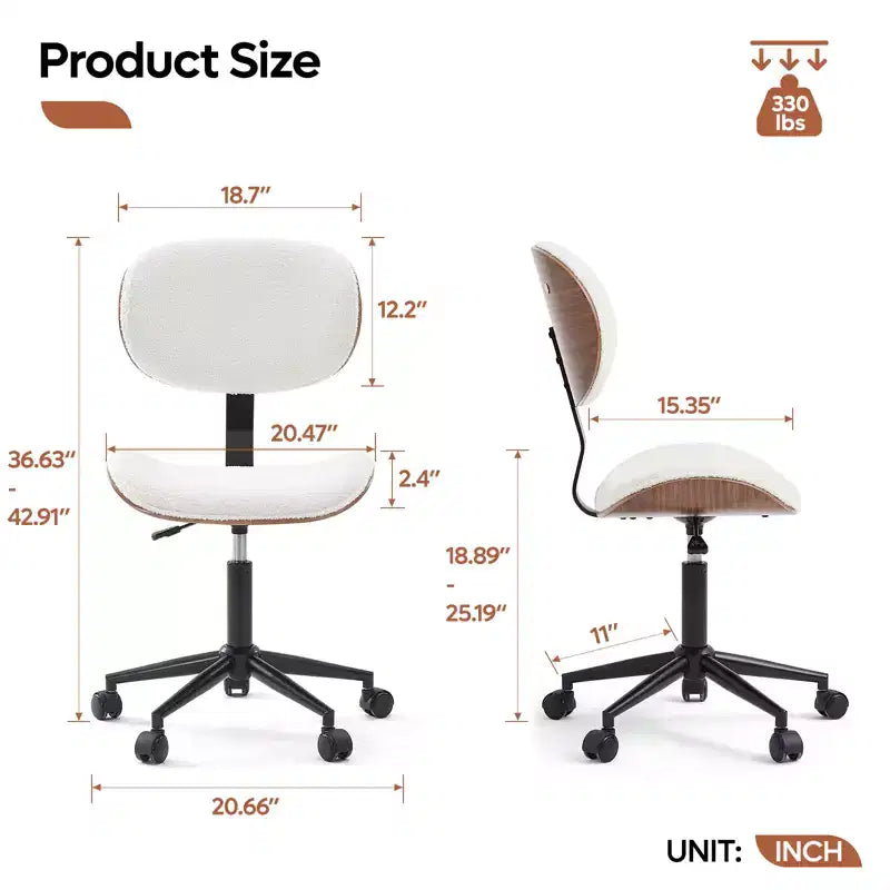 Chaise de Bureau Ergonomique sans Accoudoirs Bestier Bentwood, Chaise de Table Confortable avec Support Lombaire, Chaise de Bureau à Roulettes Réglable en Hauteur en Cuir PU