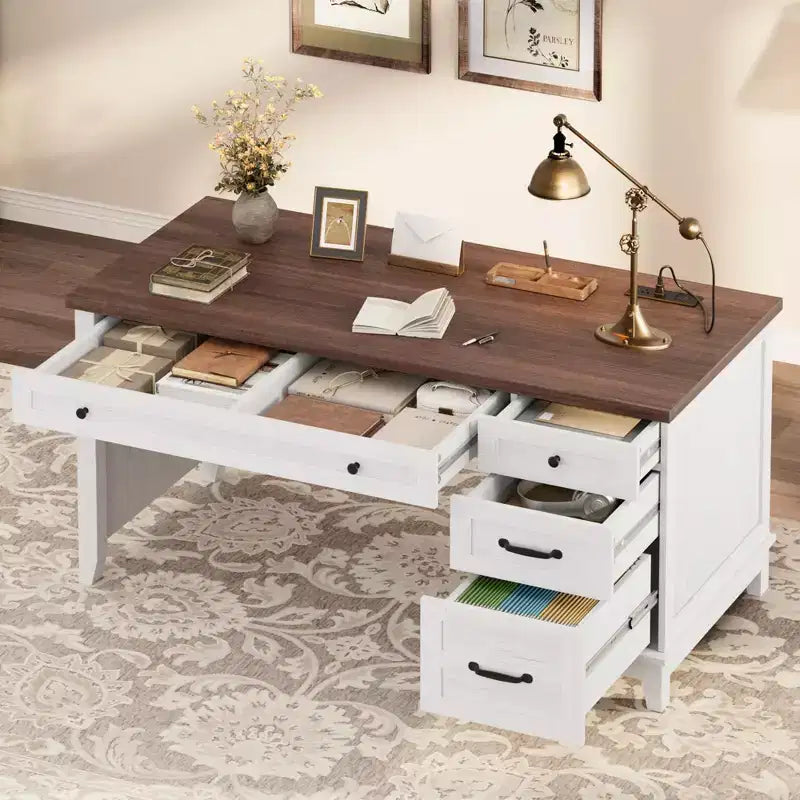 Bureau de direction, Bureau à domicile avec tiroirs, Bureau de travail en bois avec classeur, Bureau d'ordinateur pour le travail, l'étude, l'écriture, Blanc et marron