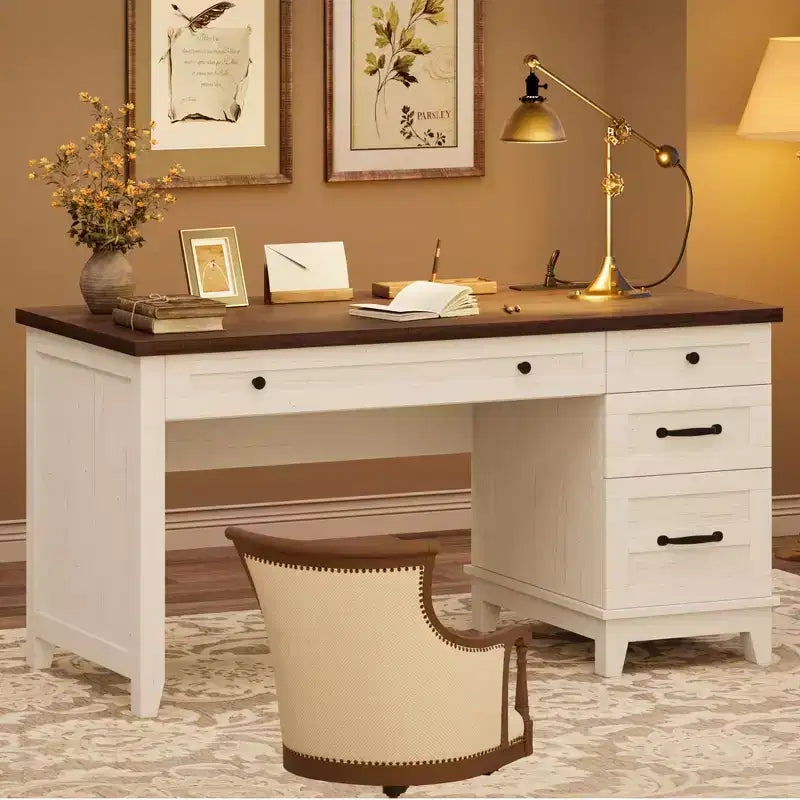 Bureau de direction, Bureau à domicile avec tiroirs, Bureau de travail en bois avec classeur, Bureau d'ordinateur pour le travail, l'étude, l'écriture, Blanc et marron