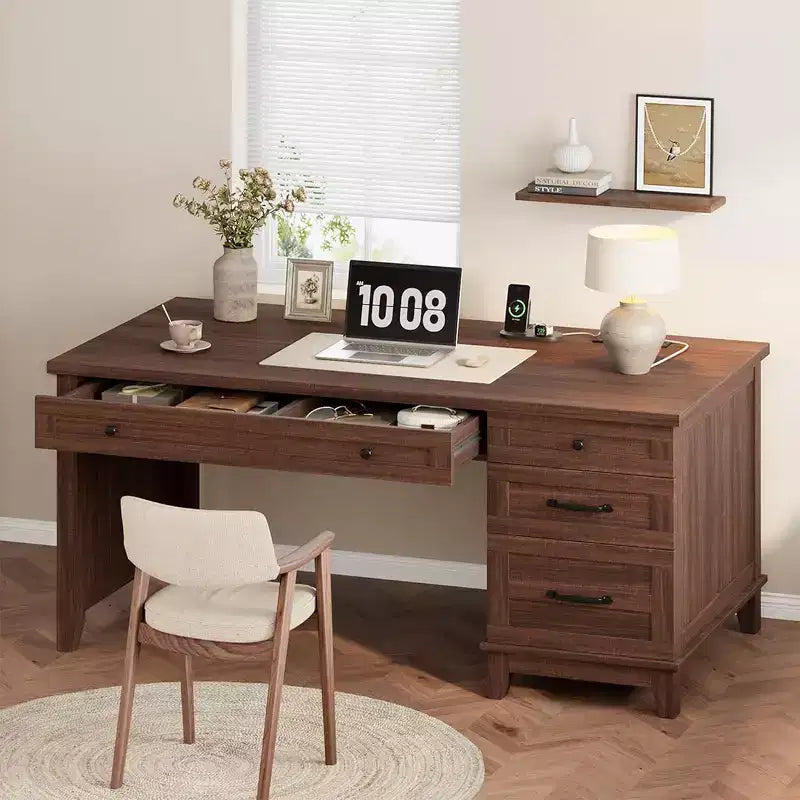 Bureau de direction, Bureau à domicile avec tiroirs, Bureau de travail en bois avec classeur, Bureau d'ordinateur pour le travail, l'étude, l'écriture, Blanc et marron