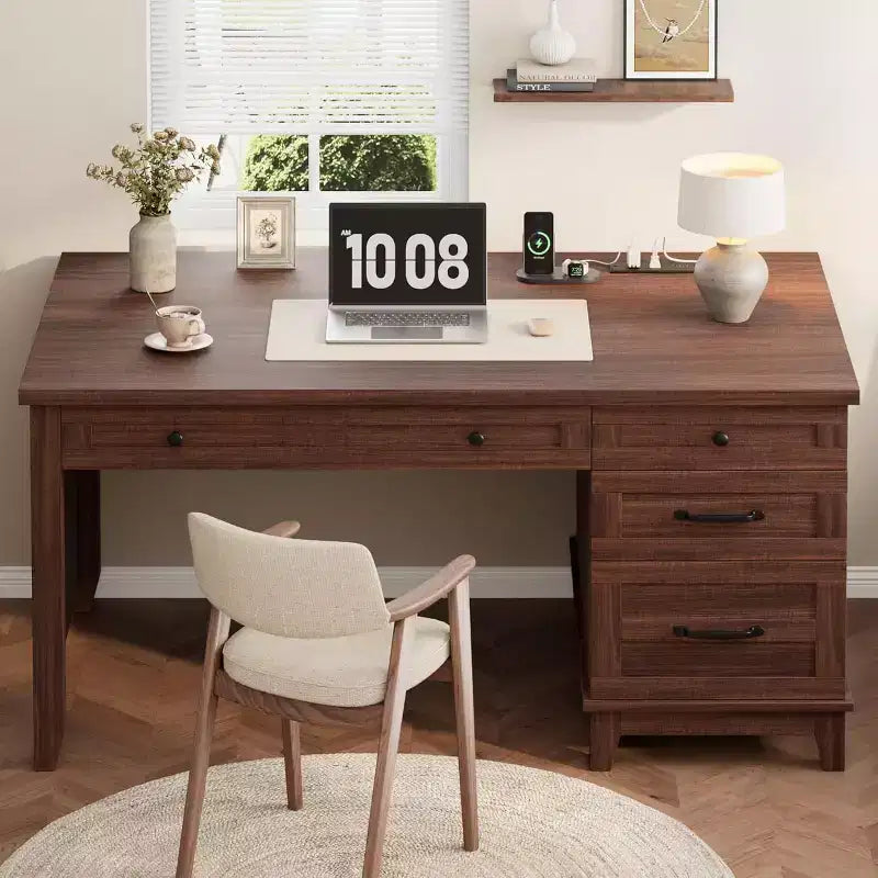 Bureau de direction, Bureau à domicile avec tiroirs, Bureau de travail en bois avec classeur, Bureau d'ordinateur pour le travail, l'étude, l'écriture, Blanc et marron
