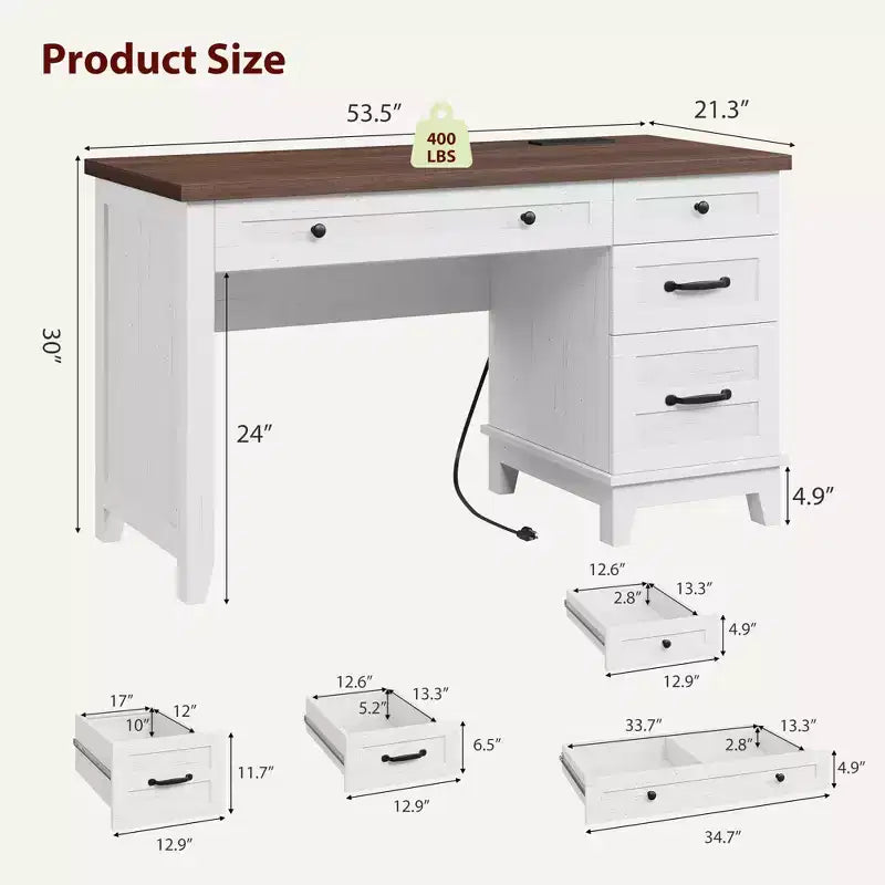 Bureau de direction, Bureau à domicile avec tiroirs, Bureau de travail en bois avec classeur, Bureau d'ordinateur pour le travail, l'étude, l'écriture, Blanc et marron