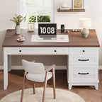 Bureau de direction, Bureau à domicile avec tiroirs, Bureau de travail en bois avec classeur, Bureau d'ordinateur pour le travail, l'étude, l'écriture, Blanc et marron