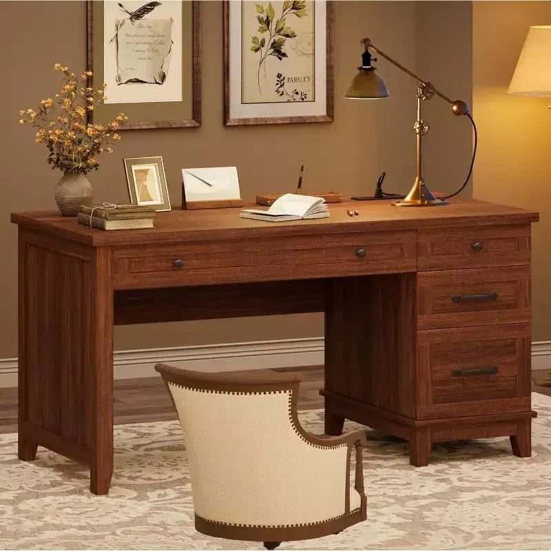 Executive Desk, Home Office Desk with Drawers, Wooden Work Desk with File Cabinet, Computer Desk for Work, Study, Writing, White and Brown