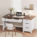 Bureau de direction, Bureau à domicile avec tiroirs, Bureau de travail en bois avec classeur, Bureau d'ordinateur pour le travail, l'étude, l'écriture, Blanc et marron
