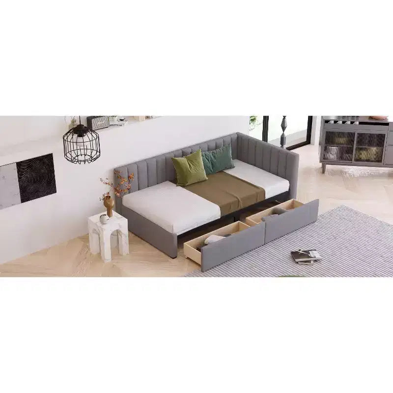 Bellemave Lit de repos double capitonné avec tiroirs de rangement, cadre de lit de repos en lin, canapé-lit pour salon et chambre à coucher, gris