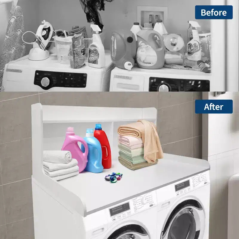 Plan de travail pour lave-linge/sèche-linge à 2 niveaux, comptoir de buanderie en bois avec rebords, cache-lave-linge/sèche-linge étanche avec patins antidérapants pour rangement dans la buanderie