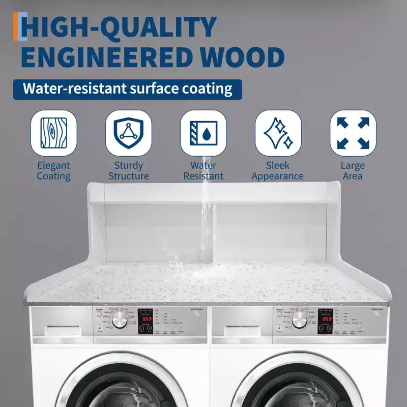 Plan de travail pour lave-linge/sèche-linge à 2 niveaux, comptoir de buanderie en bois avec rebords, cache-lave-linge/sèche-linge étanche avec patins antidérapants pour rangement dans la buanderie
